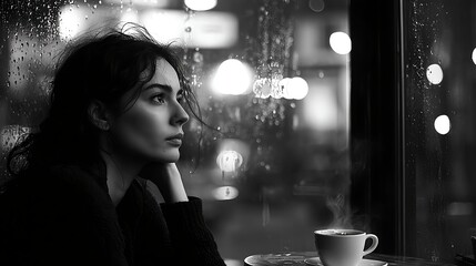Fototapeta premium Moody monochrome portrait of a person sitting alone in a rainy coffee shop