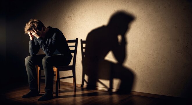 Man sitting on a chair with hands on face, shadow on wall
