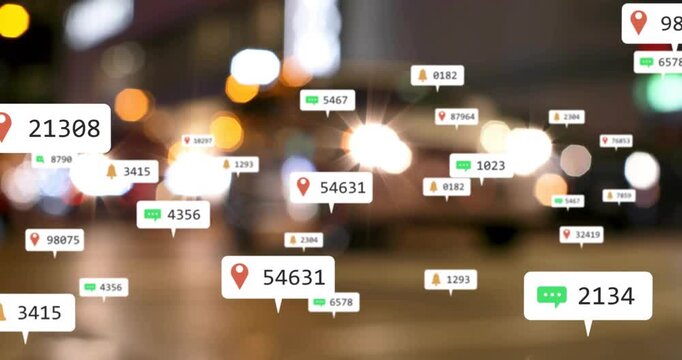 Data labels popping from feed and clustering around lights for city tech, pedestrian passing behind