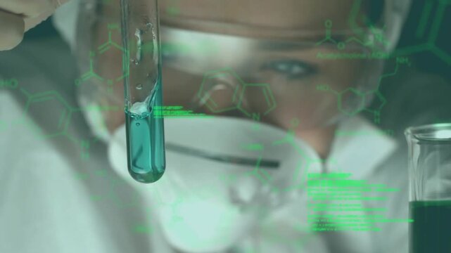 Researcher holding tube, adding reagent, monitoring mixing for lab analysis with HUD tracking