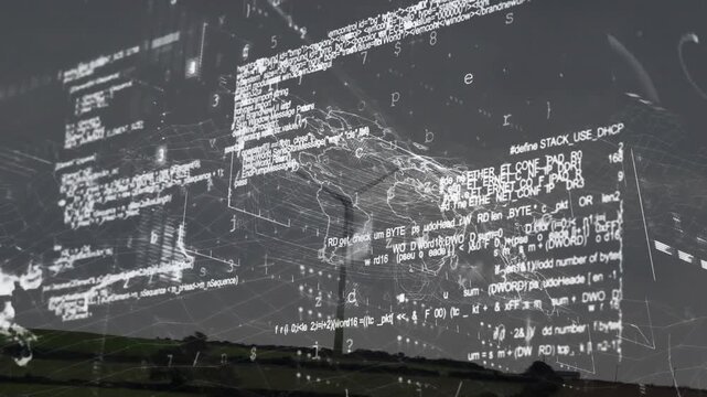 Vertical video: Digital map HUD appearing overhead, intensifying, mapping cyber-alerts onto turbine