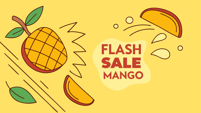 Vibrant flash sale announcement with fresh mangoes and dynamic elements on a yellow background.