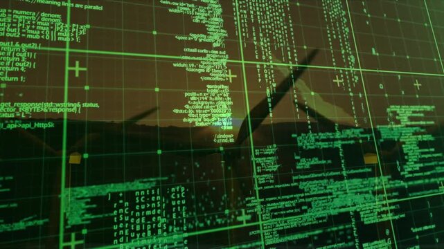 Green HUD activating at dusk, scanning wind-power ridge and marking turbine nodes to monitor