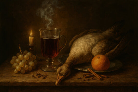 Still life: duck, wine glass, fruit and spices in dutch golden age style