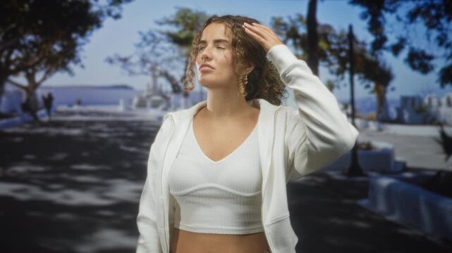 Woman shields eyes with hand while touching curly hair on a sunlit seaside street, gazing toward the horizon with a slight squint and casual stance; pensive solitude.