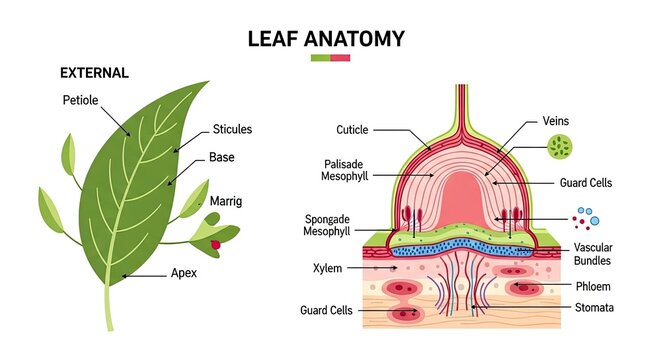 Anatomical illustration detailing the external and internal structures of a plant leaf, including venation and cellular components.