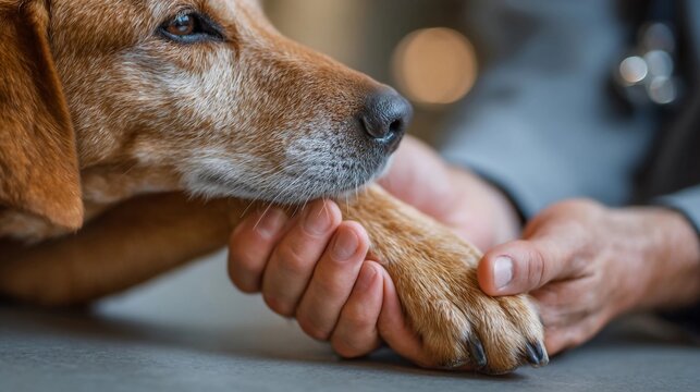 Dog receiving care from a veterinarian in an animal clinic during a check-up on a sunny afternoon