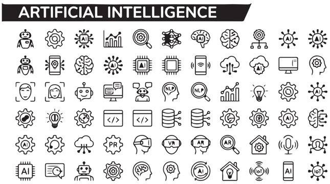 flat design artificial intelligence icons set with futuristic tech symbols and digital elements for business and innovation
