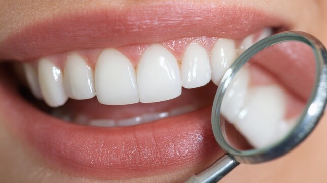 Dental Examination Showing Perfect White Teeth With a Mirror in a Clean Clinic Setting Taking Place During a Routine Visit