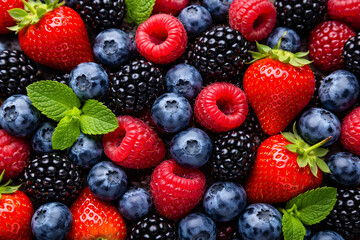 Obraz premium Fresh Mixed Berries Background with Strawberries, Blueberries and Raspberries