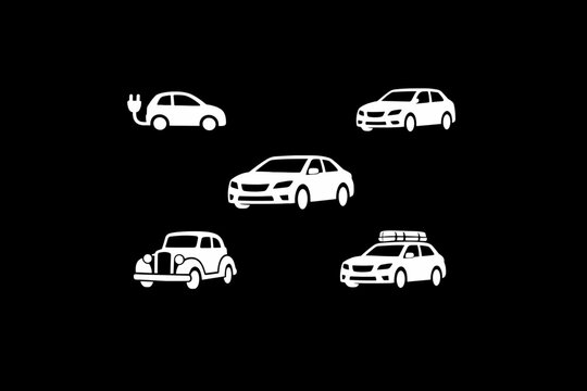 Set of five minimalist white car vector icons on black, including electric EV with plug, modern sedan, vintage classic automobile, and SUV with roof rack for transportation and travel design.
