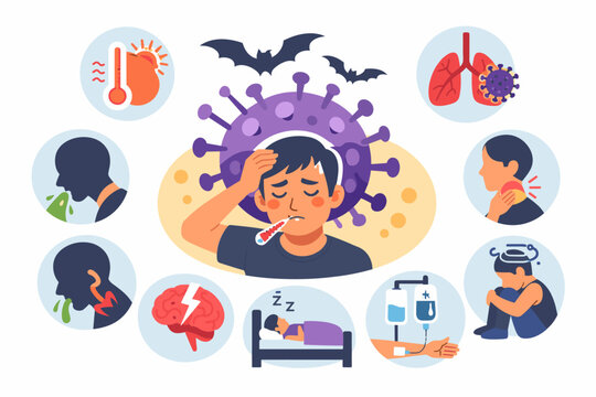 Educational Nipah Virus Symptoms Infographic Chart: Flat Vector Illustration of a Sick Man, Bats, and Medical Icons showing Fever, Cough, Vomiting, Encephalitis, Drowsiness, and Respiratory Distress.