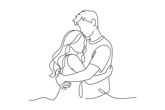 Unbroken Contour Sketch of an Amorous Pair Locked in a Tender Squeeze. Stark Minimalist Pen Rendering of Intimacy and Devotion, Ideal for Sentimental Occasions and Matrimonial Themes.