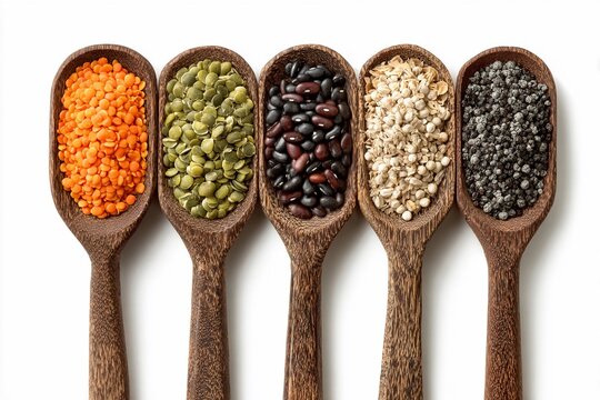 Spices and legumes arranged in wooden spoons on a plain background for cooking and nutrition ideas