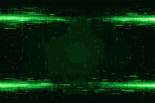Green Glitch Background with Matrix Screen Effect for Overlay. Pixel Noise HUD Game Graphic with Cyber Theme, Digital Data Stream, Binary Code Distortion, and Glowing Futuristic Light Streaks.