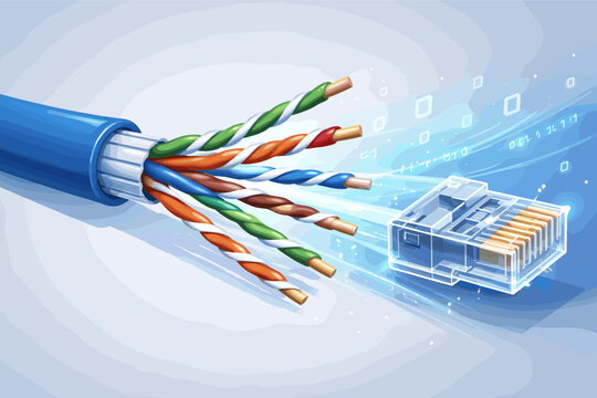 High-Speed Ethernet Network Cable Illustration with Stripped Twisted Pair Copper Wires and Transparent RJ45 Connector Head Representing Fast Data Transmission and Digital Connectivity Concept