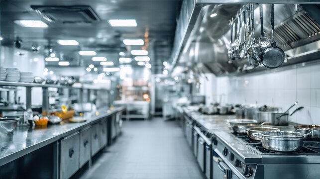 Clean Commercial Kitchen With Stainless Steel Surfaces and Empty Space for Deep Cleaning Services, Ready for Use During Business Hours