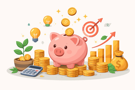 Pink Piggy Bank Savings and Investment Concept Illustration with Stacks of Gold Coins, Financial Growth Bar Chart, Calculator, Idea Light Bulbs, and Money Bag for Wealth Management and Planning.
