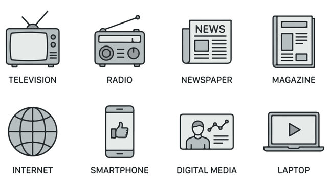 Flat design media and communication icons set with television, radio, newspaper, magazine, internet, smartphone, digital media, and laptop