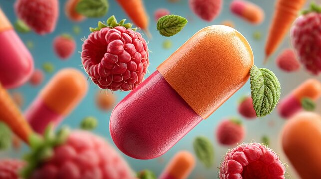 Colorful capsules with fruits and vegetables create a lively scene in a creative design