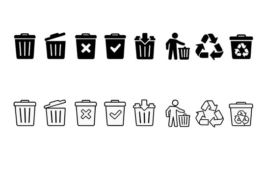 Comprehensive Trash Bin and Recycle Icon Pack Featuring Garbage Waste Delete and Disposal Symbols in Both Solid and Outline Vector Styles for Environmental Management and UI Design Projects