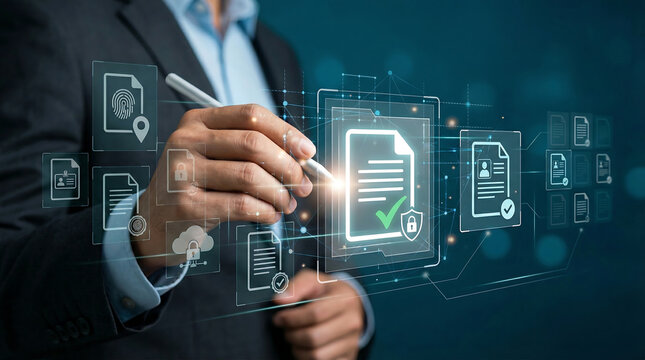 businessman using stylus pen to sign digital document on virtual screen for electronic signature data privacy security and automated corporate contract management system