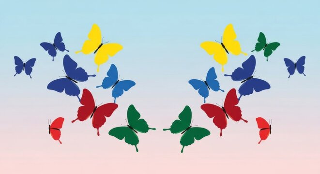 Bunte Schmetterlinge schweben symmetrisch vor pastellfarbenem Himmel als fr&ouml;hliche sommerliche Designvorlage Generative KI