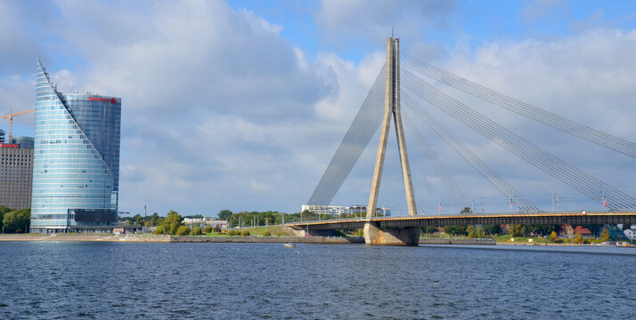 RIGA LATVIA: The Vansu Bridge in Riga is a cable-stayed bridge that crosses the Daugava river in Riga