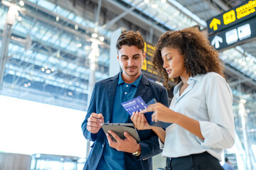 Couple checking travel documents and tablet at airport terminal © FotoArtist