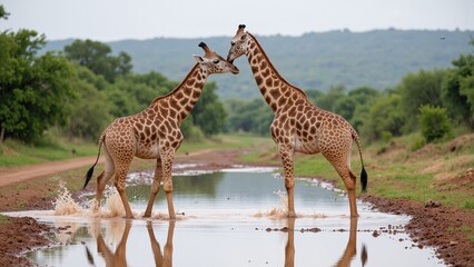 Fototapeta premium Two Male Giraffes Establishing Hierarchy on a Rainy South African Road