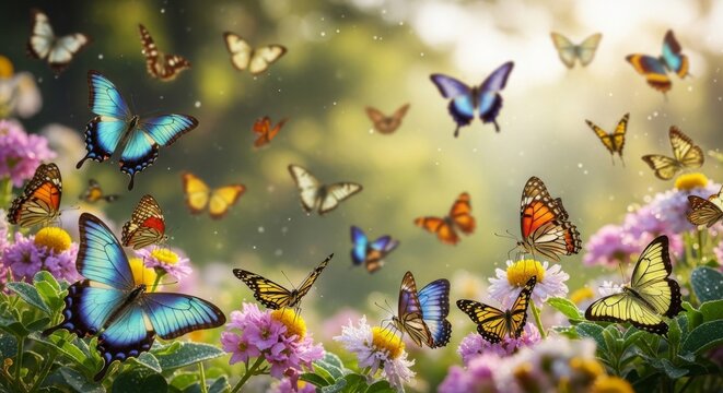 Farbenfrohe Schmetterlinge auf weichem Naturhintergrund als dekoratives Motiv f&uuml;r Textilien Tapeten Verpackungen und kreative Designs Generative KI