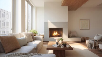 Obraz premium Modern living room with a large window on the left side. the window has a view of a city skyline. the room has a high ceiling with wooden beams and white walls.