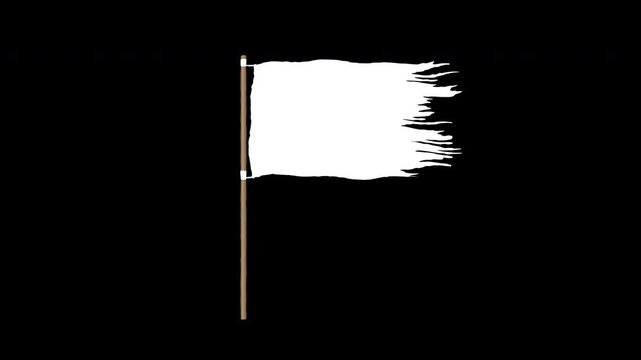 White torn flag waving seamless loop animation with torn fabric motion on a wooden pole on black background. 4K animated white flag for surrender flag, flag placeholder, and war or destruction scenes.