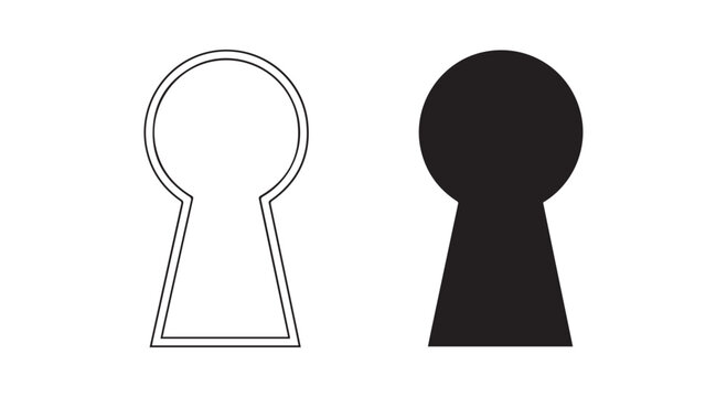 Outline and solid silhouette of keyhole shape, symbol for access or mystery, white background.