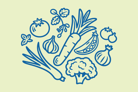 Round arrangement of blue line art vegetables on light yellow background