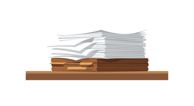 A stack of white documents sits on top of several brown leather file folders resting on a wooden desk surface against a clean and bright white background.