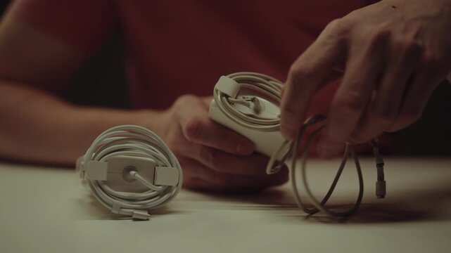 Cropped shot of person comparing new clean phone charger with old dirty one, demonstrating technological progress, obsolescence, and consumer electronics evolution on power strip, slow motion.