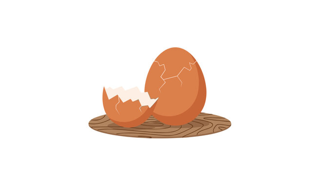 A brown egg featuring a large crack rests beside a broken eggshell fragment on a textured wooden circular base set against a clean white studio background.