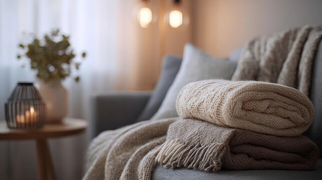 Cozy living room scene with a gray armchair in the foreground. on the armchair, there is a stack of beige knitted blankets neatly folded and placed on top of each other.