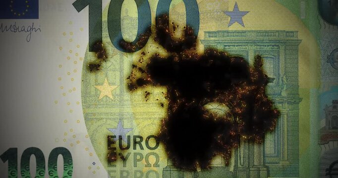 100-euro bill with smoldering and slowly burning from the glowing edge, a hundred-euro note, 100-euro banknote turning to ash with glowing embers, loop footage