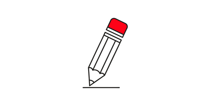 Red Pencil Writing on White Background, Minimalist Icon