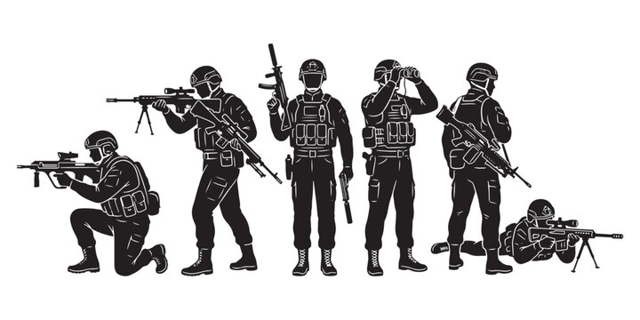 Military soldier silhouettes set, tactical special forces infantry with rifles and gear, black army commando vector illustrations for war games
