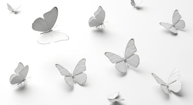 Mehrere zarte wei&szlig;e Schmetterlinge schweben &uuml;ber hellem Hintergrund mit weichen Schatten in minimalistischer eleganter Optik Generative KI
