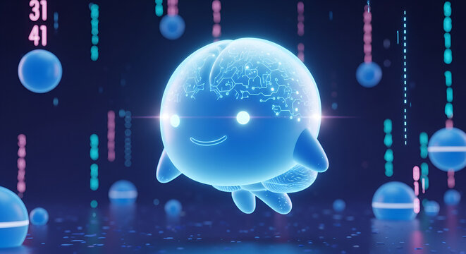 A blue brain with glowing lights and a glowing light