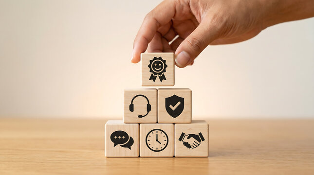 hand stacking wooden blocks with customer service icons including headset shield clock and handshake for business quality assurance support and satisfaction guarantee concept