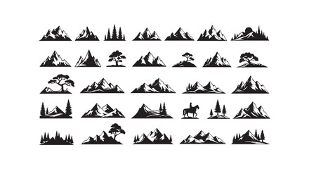 Obraz premium Mountain range silhouettes collection including pine trees and nature landscapes for outdoor adventure and travel design theme.