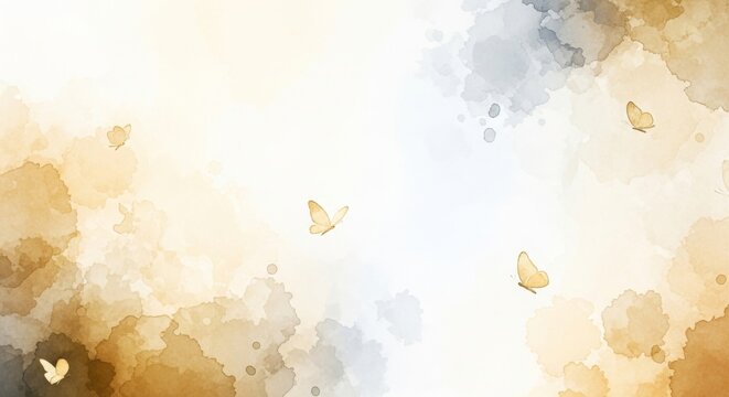Abstrakter Aquarellhintergrund in Beige Grau und Wei&szlig; mit zarten Schmetterlingen als sanfte elegante Designvorlage Generative KI