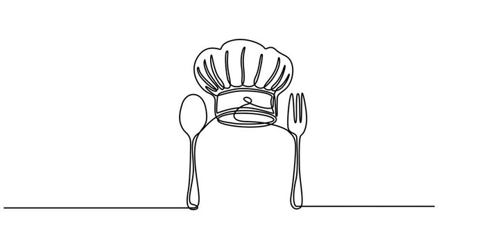 Animated self drawing of one continuous line draw chef hat with fork and spoon for restaurant logo emblem. Cafe shop logotype template art concept. Full length single line animation video 4k