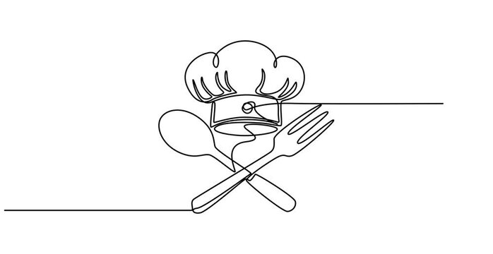Animated self drawing of one continuous line draw chef hat with fork and spoon for restaurant logo emblem. Cafe shop logotype template art concept. Full length single line animation video 4k