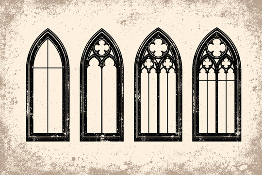 Set of Gothic Window Frames with Pointed Arches and Intricate Tracery, Featuring a Distressed Grunge Texture for a Vintage Medieval Architectural Look, Black Silhouette Vector Illustration